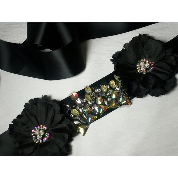 AB Rhinestone Floral Black Satin Belt Sash Prom Party Formal Bridal Goth Belt - Picture 1 of 5